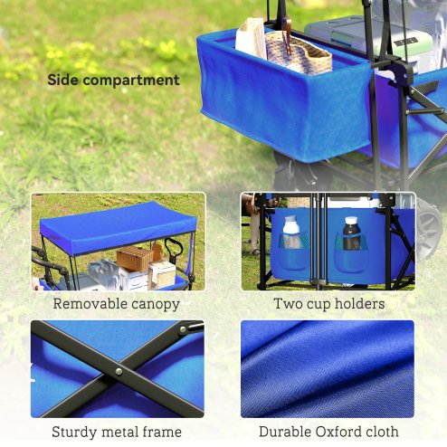 Outsunny 120L Festival Trolley on Wheels, Folding Camping Trolley Cart with Removable Canopy, All-Terrain Wheels, Adjustable Handle and Side Pockets for Garden Beach Fishing Shopping, Blue