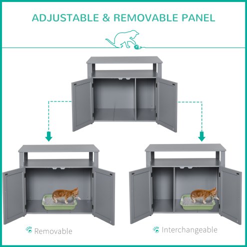 PawHut Wooden Cat Litter Box Enclosure Furniture with Adjustable Interior Wall & Large Tabletop for Nightstand, Grey