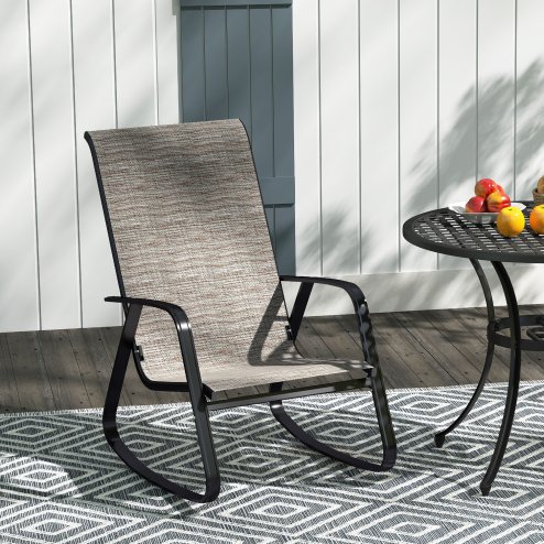 Outsunny Garden Rocking Chair, Ergonomic Outdoor Rocking Chair with Armrests, High Backrest, Steel Frame Relaxing Rocker Armchair Seat for Patio, Balcony, Porch, Light Brown