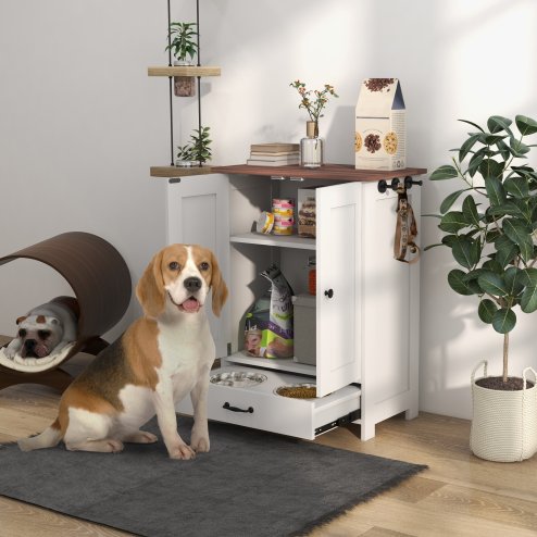 PawHut Pet Feeding Station with Storage, Dog Feeding Station with Raised Dog Bowls, Adjustable Panel, Hooks, Pet Food Storage Cabinet, White