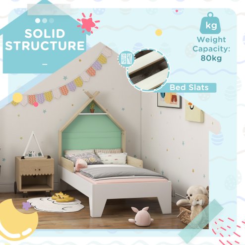 AIYAPLAY Toddler Bed Frame, Kids Bedroom Furniture, Treehouse Style Single Bed Frame with Safety Guardrails, 144L x 74W x 110Hcm, for Ages 3-8 Years, Green