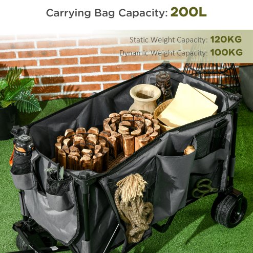 Outsunny Folding Garden Trolley, Cargo Traile on Wheels, Collapsible Camping Trolley, Outdoor Utility Wagon with Steel Frame and Oxford Fabric, Dark Grey