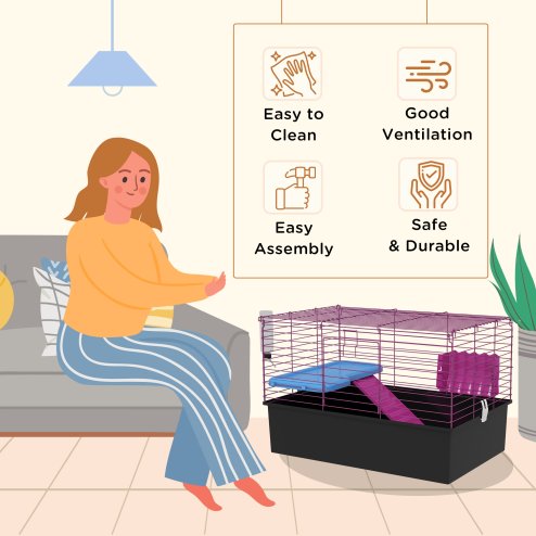 PawHut Guinea Pig Cage Chinchillas Rabbit Small Animal Cage with Ramp, Dish, Water Bottle, 71 x 46 x 47cm, Black