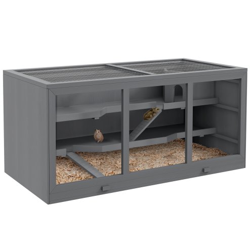 PawHut Wooden Hamster Cage, Small Animals Hutch with Tray, Openable Top, Exercise Run, Grey