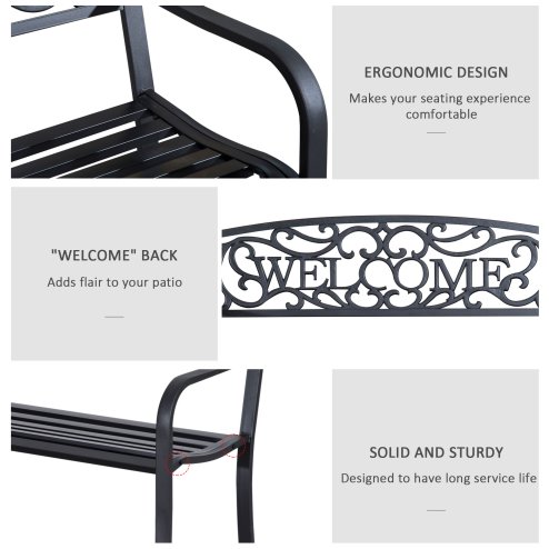 Outsunny Garden Bench, Metal Outdoor Bench Seat, 2 Seater Patio Loveseat with Welcome Backrest, Armrests and Slatted Seat, 240 KG Capacity for Park, Porch, Black