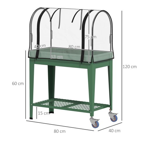 Outsunny Raised Garden Bed with Greenhouse Cover, Mobile Elevated Planter Box with Wheels and Bottom Shelf for Vegetables, Flowers, Herbs, 80 x 40 x 120cm, Green