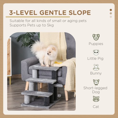 PawHut Pet Stairs, Cat Tree Climb Ladder with 3-step Stair, Scratching Posts, Platforms, Toy Ball, for Indoor Cats, Grey