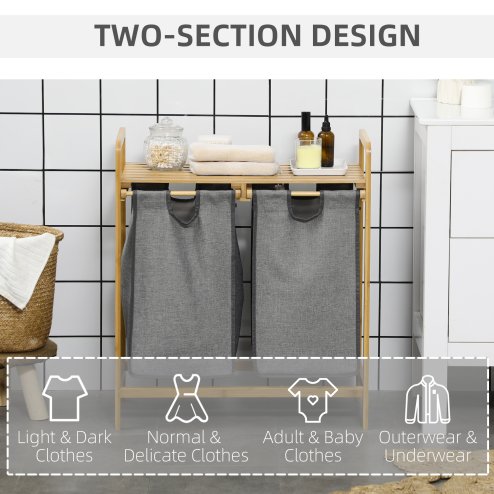 HOMCOM Bamboo Laundry Basket, Laundry Hamper with Shelf, 2 Pull-out Bags for Bedroom, Bathroom, Laundry Room, 64 x 33 x 73 cm, Grey