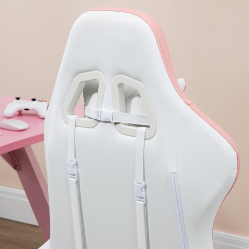 Vinsetto Computer Gaming Chair, PU Leather Office Desk Chair with Footrest, Swivel Wheels, 135?? Reclining Back, Lumbar Support, Headrest for Home, White and Pink