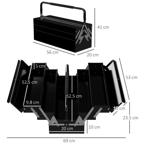 DURHAND Metal Tool Box 3 Tier 5 Tray Professional Portable Storage Cabinet Workshop Cantilever Toolbox with Carry Handle, 56cmx20cmx34cm, Black