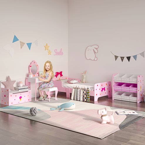 ZONEKIZ Kids Dressing Table with Mirror and Stool, Vanity Set w/ Love Heart and Bow Design, Girl Makeup Desk w/ Drawer, for Ages 3-6 Years - Pink