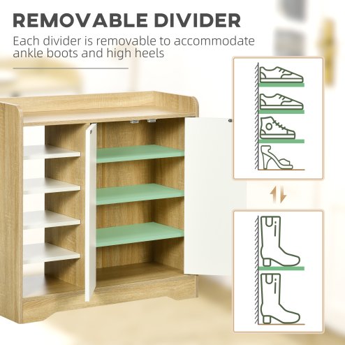 HOMCOM Shoe Cabinet with 4-tier Double Door Cupboard and 5-tier Open Shelves, 13 Pair Shoe Storage Organizer with Removable Shelves for Entryway, Hallway, Natural and White