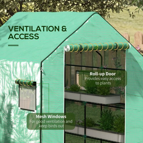Outsunny Walk-in Greenhouse Cover Replacement with Roll-up Door and Mesh Windows, Reinforced PE Hot House Cover, COVER ONLY, 140 x 143 x 190cm, Green