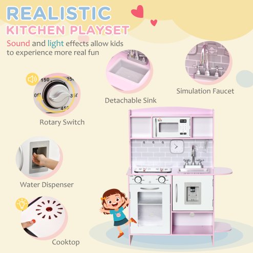 HOMCOM Children Wooden Play Kitchen w/ Lights Sounds, Kids Kitchen Playset w/ Water dispenser, Microwave, Utensils, Sink, Storage, for Ages 3-6 Years - Pink