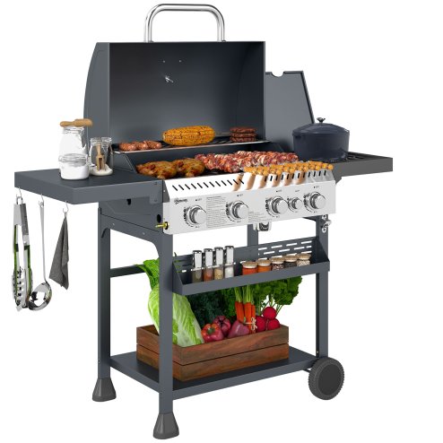 Outsunny 4+1 Gas Burner Grill, 12.5 kW Propane Gas Barbecue BBQ Grill with Wheels, Warming Rack, Shelves, Thermometer, Bottle Opener, Black