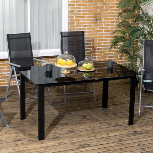 Outsunny Outdoor Dining Table for 6, Aluminium Rectangular Garden Table with Tempered Glass Tabletop for Yard, Deck, Patio, 150 x 90 x 74 cm, Black