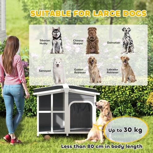 PawHut Wooden Dog Kennel, Elevated Dog House with Removable Floor, Asphalt and Openable Roof, Giant Window, Outdoor Pet House Shelter for Large Dogs, Charcoal Grey