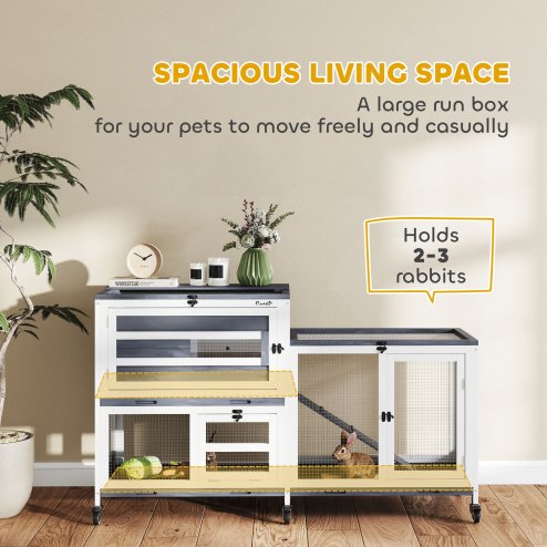 PawHut Rabbit Hutch with Run, 2-Tier Wooden Guinea Pig Hutch with Wheels, 2 Openable Tops, 3 Plastic Trays, Small Animal House Indoor for 2-3 Bunnies, Guinea Pigs, 147 x 45 x 89.5cm, Grey