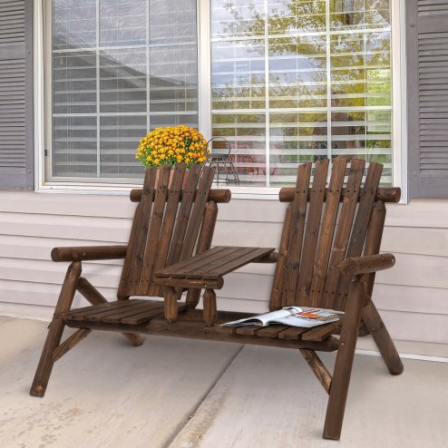 Outsunny Wood Patio Chair Bench 2 Seats with Centre Coffee Table, Garden Bench for Lounging and Relaxing Outdoors, Carbonized