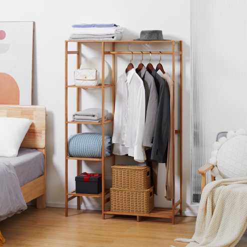 HOMCOM Bamboo Clothes Rail for Bedroom, Garment Rack with 6-Tier Storage Shelf and Hanging Rod, Clothes Rack for Living Room, Entryway, Natural Wood Effect