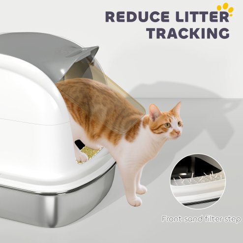 PawHut Stainless Steel Cat Litter Tray with Lid, High-Sided XL Enclosed Metal Litter Box for Big Cats with Scoop, Flip-Cover, Easy Clean