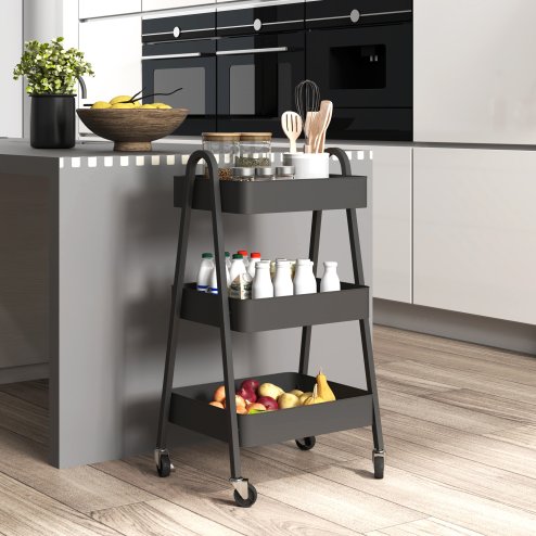 HOMCOM 3-Tier Storage Trolley on Wheels, Rolling Utility Cart with Handles, Mobile Kitchen Storage Cart for Living Room, Dining Room, Bedroom, Bathroom