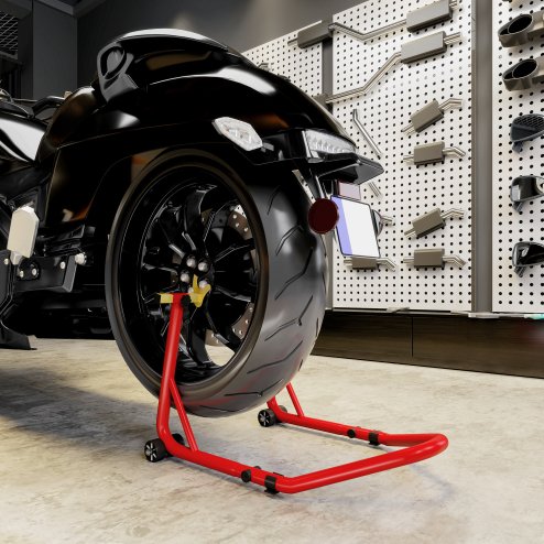 HOMCOM Motorcycle Rear Wheel Stand, 544 kg Capacity Heavy Duty Steel Motorbike Motorcycle Paddock Stand Lift with Adjustable U + L Forks, Wheels, Non-Slip Pads for Workshop Garage Repair, Red