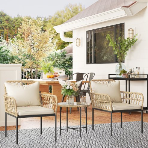 Outsunny 3 Piece Rattan Bistro Set, Wicker Garden Furniture Set with Cushions, Glass Top Coffee Table and Chairs for Outdoor, Patio, Balcony, Beige