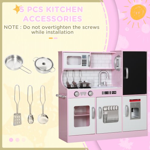AIYAPLAY Play Kitchen, Kids Kitchen Playset Toy with Chalkboard, Toy Phone, Microwave, Ice Maker, Cooking Stoves, Sink, for Boys Girls Ages 3-8 Years, Pink
