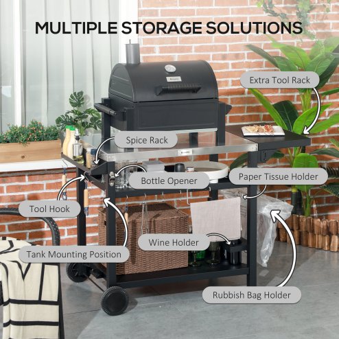 Outsunny Outdoor Grill Dining Cart with Foldable Side table, Stainless Steel Top, Portable BBQ Trolley with 2 Wheels, 6 Hooks, 3-Shelf Movable Food Prep Pizza Oven Table for Kitchen, Patio, Garden