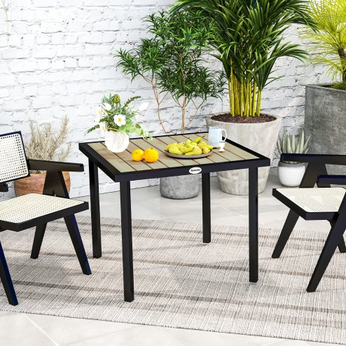 Outsunny Garden Table for 4 Person, Square 86 x 86 x 71cm Patio Outdoor Dining Table with 5.4cm Parasol Hole, Easy Clean Slatted Top, Metal Frame, for Balcony, Deck, Brown