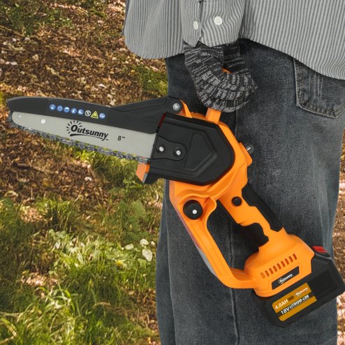 Outsunny 8 Inch Electric Chainsaw, Cordless Mini Chain Saw with Brushless Motor, 2 x 4000mAh Batteries and Safety Lock, Handheld Portable Wood Pruning Saw for Trimming Cutting, Orange