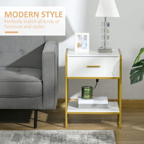 HOMCOM Bedside Table with Storage Drawer and Open Shelf, Modern Nightstand, Side Table with Metal Frame for Bedroom, Living Room, White