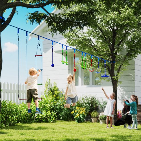 AIYAPLAY Zip Line Kit for Kids, 10-Piece Outdoor Obstacle Course for Kids, 10m Kids Slackline Kit with Monkey Bars, Swing, Climbing Ladder, Hanging Tray, Metal Rings, Gripping Balls, Multicoloured