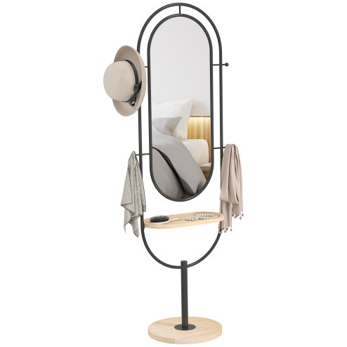 HOMCOM Full Length Mirror, Oval Free Standing Mirror with Wooden Tray, 4 Hooks and Metal Frame for Living Room, Bedroom, Cloakroom, Black