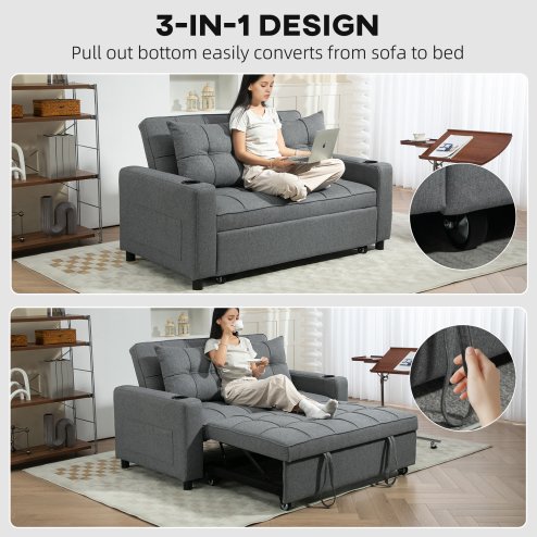 HOMCOM 2 Seater Sofa Bed, Convertible Pull Out Sofa Bed with Adjustable Backrest, Cup Holders and Pillows, Click Clack Settee for Living Room, Bedroom, Guest Room