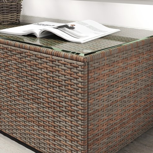 Outsunny Outdoor Coffee Table, PE Rattan Side Table with Tempered Glass Top, Wicker Rectangular Garden Coffee Table End Table with Steel Frame for Patio, Balcony, 90 x 50 x 38cm, Brown