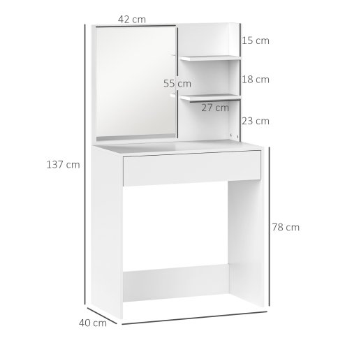 HOMCOM Dressing Table with Mirror, Modern Vanity Desk with Drawer and 3 Open Shelves, Makeup Desk for Bedroom, White