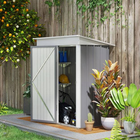 Outsunny 5x3ft Garden Shed, Steel Small Shed, Outdoor Lean-to Shed with Adjustable Shelf, Lock and Gloves for Patio, Garden, Grey with Foundation Kit