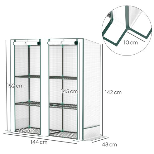 Outsunny 3 Tier Lean-to Mini Greenhouse with Reinforced PE Cover, Portable Small Greenhouse with Roll-Up Door, Green Hemmed Edging, 144 x 48 x 152cm, White