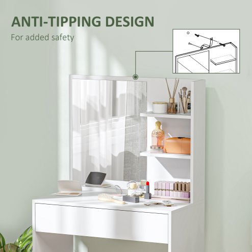 HOMCOM Dressing Table with Mirror, Modern Vanity Desk with Drawer and 3 Open Shelves, Makeup Desk for Bedroom, White