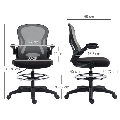 Vinsetto Draughtsman Chair with Flip-up Armrests, Mesh Standing Desk Chair with Lumbar Support and Adjustable Foot Ring for Bar Counter, Dark Grey