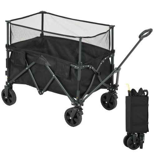 Outsunny 180L Festival Trolley on Wheels, Folding Camping Trolley Cart with Extendable Side Walls and Telescopic Handle, for Garden Beach Fishing, Black