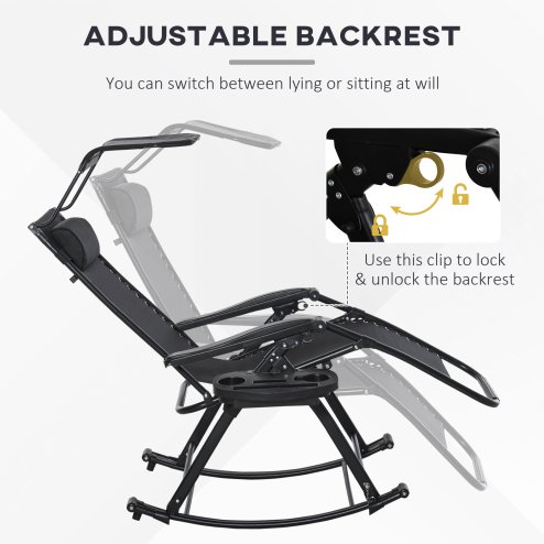 Outsunny Garden Rocking Chair Folding Recliner Outdoor Adjustable Sun Lounger Rocker Zero-Gravity Seat with Headrest Side Holder Patio Deck - Black