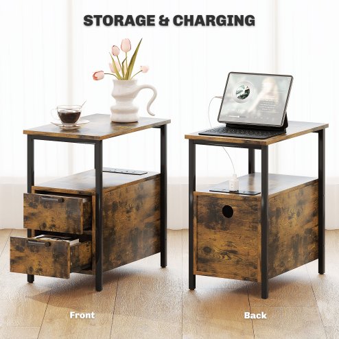 HOMCOM Side Table with Charging Station, USB Ports and Power Outlets, Narrow Bedside Table with 2 Drawers and Shelf for Living Room, Bedroom, Rustic Brown