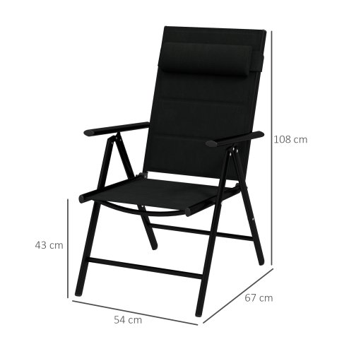Outsunny Set of 2 Patio Folding Chairs with Adjustable Back, Aluminium Dining Chairs with Breathable Mesh Fabric Padded Seat and Backrest, Headrest for Outdoor Garden Lawn, Black