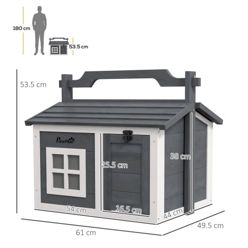 PawHut Rabbit Hutch Cat House Puppy House Guinea Pig Hutch Small Animal House Portable Wooden Indoor Outdoor with 2 Rooms Top Handle, Openable Roof - Grey