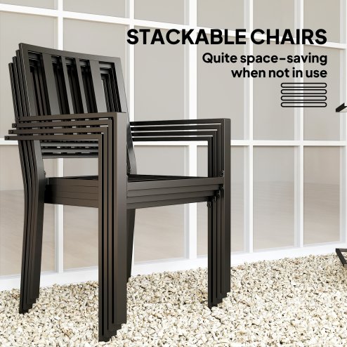 Outsunny 5 Pieces Garden Dining Set with Cushions, Outdoor Patio Table and 4 Stackable Chairs, Metal Top Table with Umbrella Hole, Black