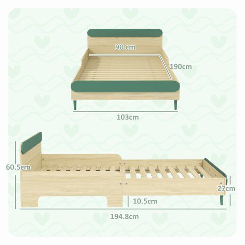 AIYAPLAY Toddler Bed, Kids Bed Frame with Safety Rail, for Ages 3-10 Years, Kids Bedroom Furniture, 195 x 103 x 60.5cm, Green