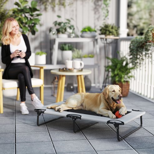 PawHut Raised Dog Bed, Portable Elevated Pet Cot with Breathable Mesh for Indoor Outdoor, for Large Dogs, 107 x 61 x 20 cm, Light Grey